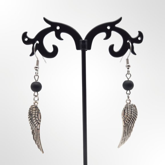 Hand Crafted Jewelry - Black Beaded Dangle Drop Silver Wing Minimalist Earrings Handmade Jewelry
